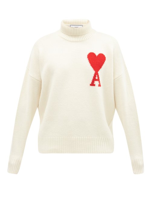 Ami - Ami De Coeur-intarsia Roll-neck Wool Sweater - Mens - Cream