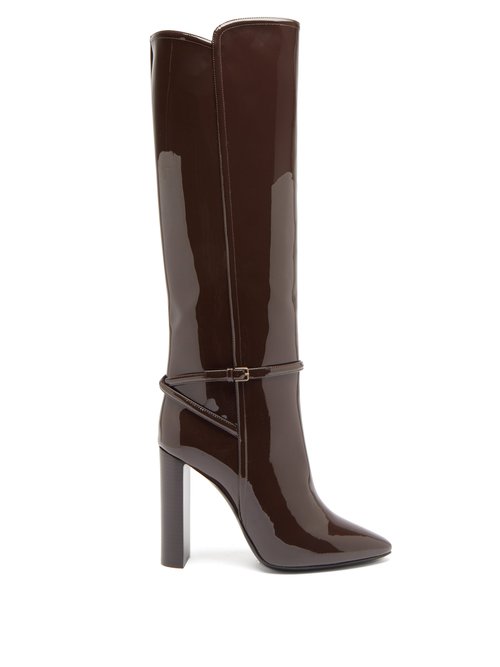 Saint Laurent - Jane Patent-leather Knee-high Boots Dark Brown