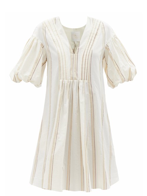 Ssone - Tito Puff-sleeve Striped Cotton-blend Dress Ivory