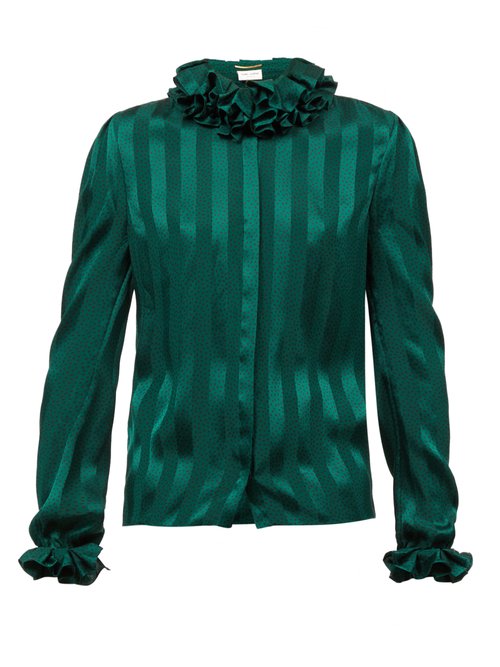 Saint Laurent - Ruffled Striped Silk-satin Blouse Green