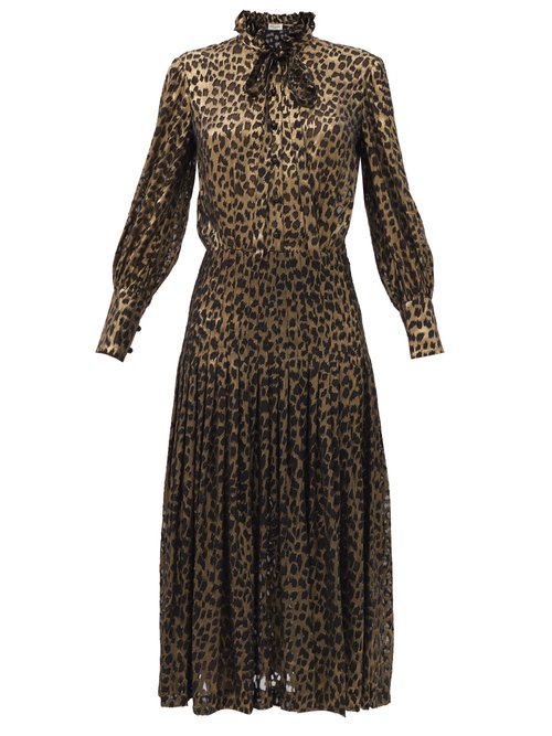 Saint Laurent - Pussy-bow Leopard-devoré Silk-blend Shirt Dress Black Gold