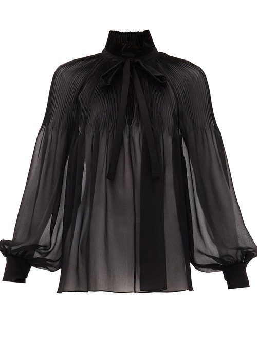 Saint Laurent - Tie-neck Plissé Silk-georgette Blouse Black