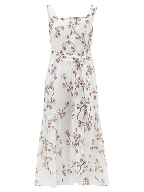 Galanthya - Camille Belted Floral-print Cotton-voile Dress White Print