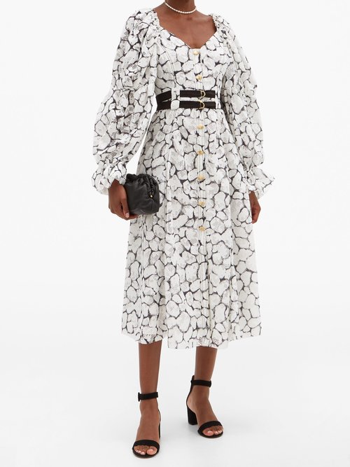 Aje Rebellion Double-belted Printed-lace Midi Dress White Black