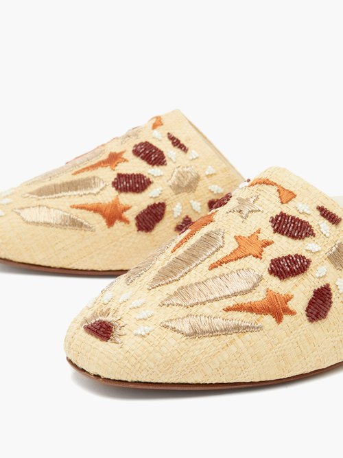 Zyne Beaded And Embroidered Raffia Babouche Mules Nude