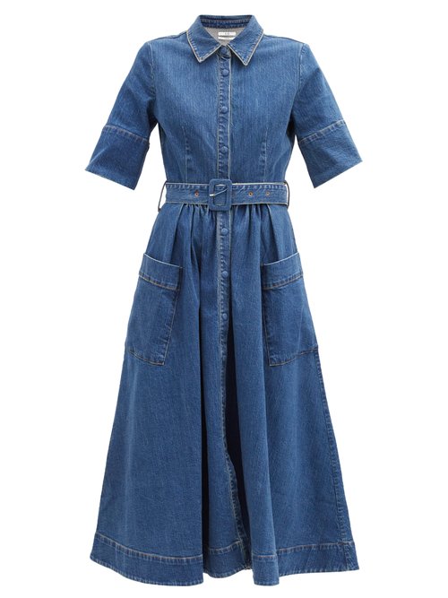 Buy Co - Belted Cotton-blend Denim Dress Blue online - shop best CO clothing sales