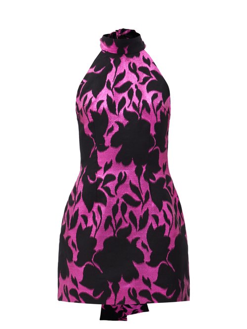 Elzinga - Floral-jacquard Halterneck Glitter Mini Dress Black Pink