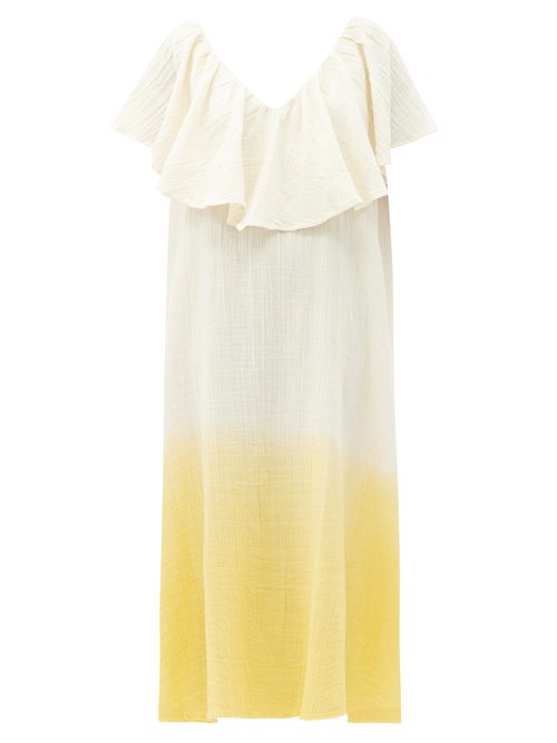 Anaak - Brigitte Ruffled V-neck Dip-dyed Cotton Dress Yellow Multi
