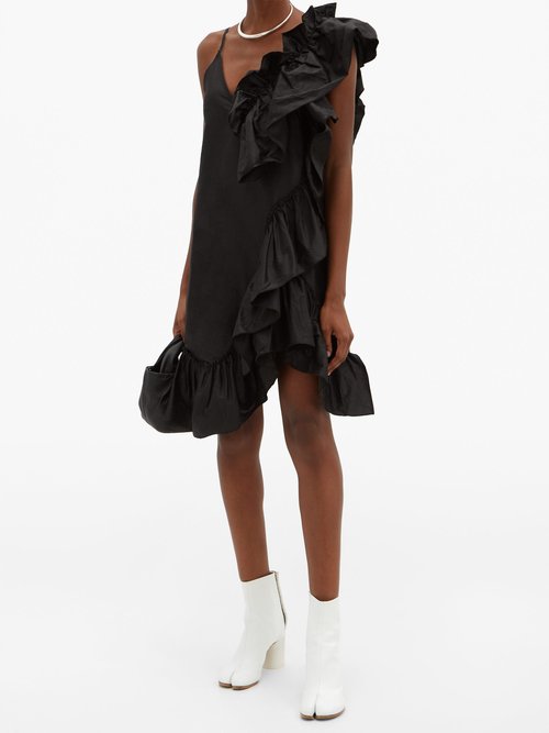 Marques'almeida Asymmetric Ruffled Silk-tafetta Dress Black