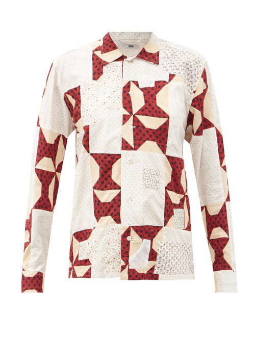 Bode Patchwork-quilt Cotton Shirt In White/bordeaux