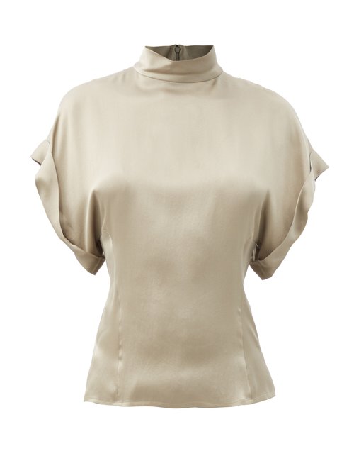 Raey - High-neck Fold-sleeve Silk-satin Top Grey