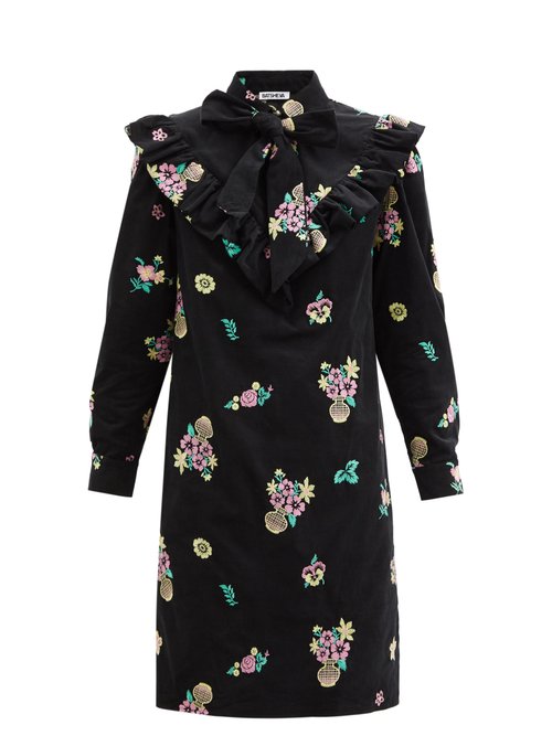 Batsheva - Floral-embroidered Cotton-corduroy Dress Black Multi