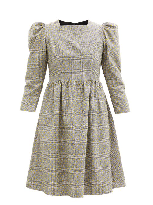Batsheva - Puffed-sleeve Flocked Check Wool Mini Dress Grey