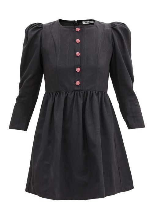 Batsheva - Crystal-button Puff-sleeved Satin Mini Dress Black