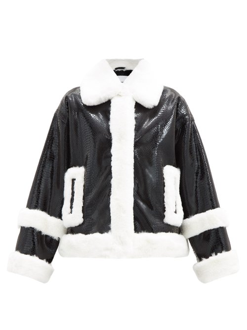 Stand Studio - Hester Snake-effect Faux-leather And Fur Jacket - Womens - Black White