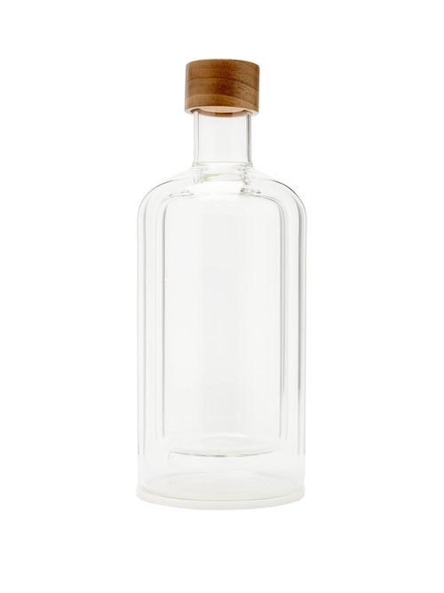 Walnut Wood And Double-walled Glass Bottle Carafe In Clear