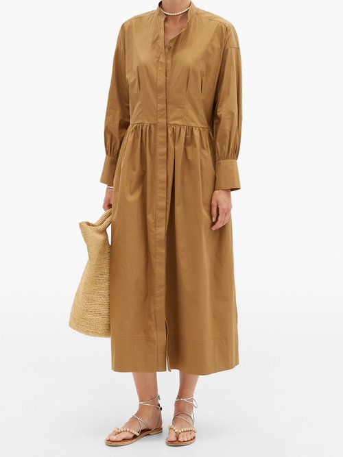 Three Graces London Peppa Gathered Cotton-poplin Shirt Dress Brown