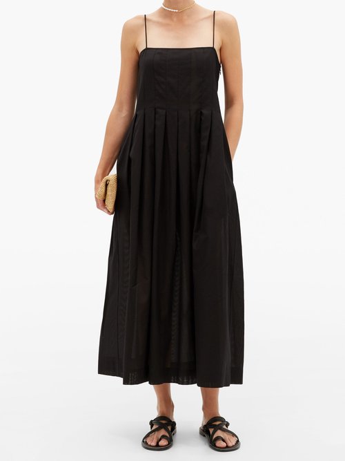 Three Graces London Lucia Pleated Cotton-gauze Midi Dress Black