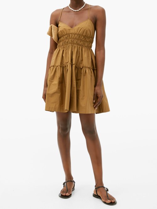 Buy Three Graces London Mia Shirred Cotton Mini Dress Brown online - shop best Three Graces London clothing sales