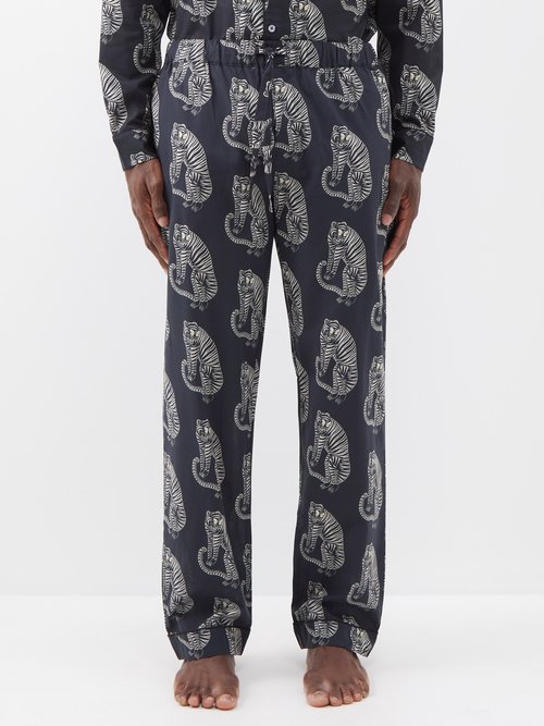 Desmond & Dempsey Sansindo Printed Organic Cotton-poplin Pyjama Trousers In  Black