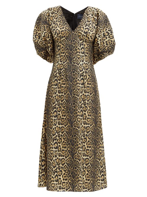 Julie De Libran - Gilda Puff-sleeve Leopard-print Taffeta Midi Dress Animal