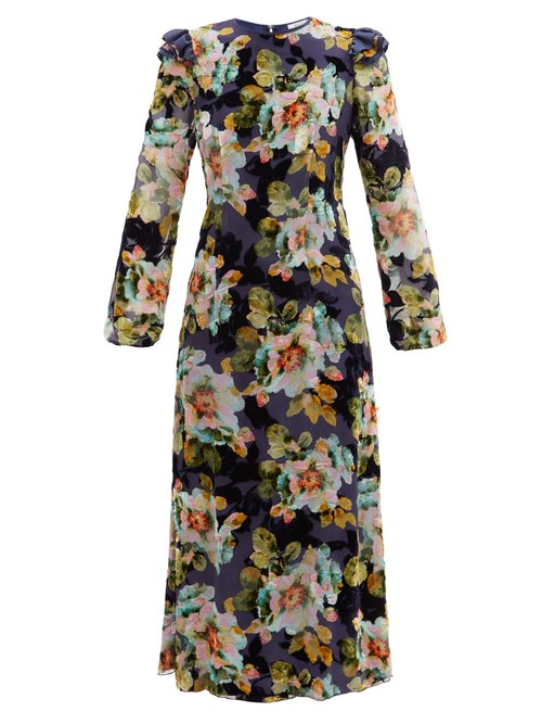 Rodarte - Floral-print Silk-blend Devoré-velvet Gown Navy Print