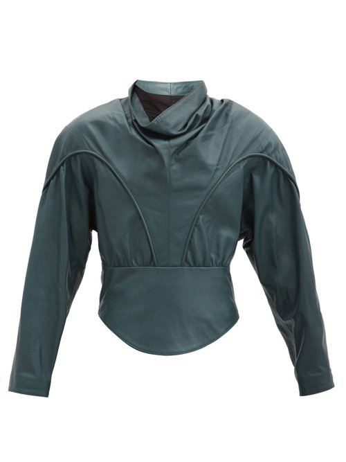 Isabel Marant – Loneya Slouched High-neck Leather Blouse Dark Green