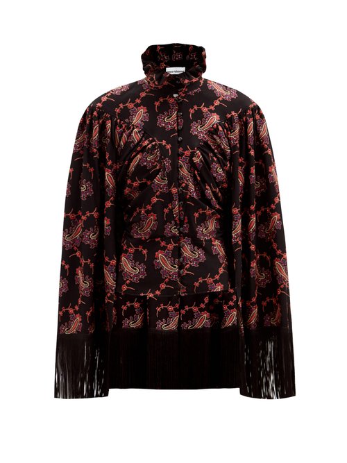 Paco Rabanne - Cape-back Fringed Paisley-embroidered Twill Top Black Print