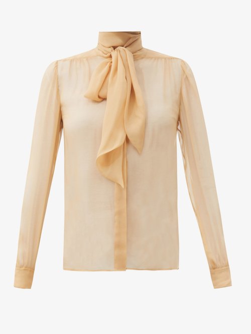 Buy Saint Laurent - Pussy-bow Silk-chiffon Blouse Beige online - shop best Saint Laurent 