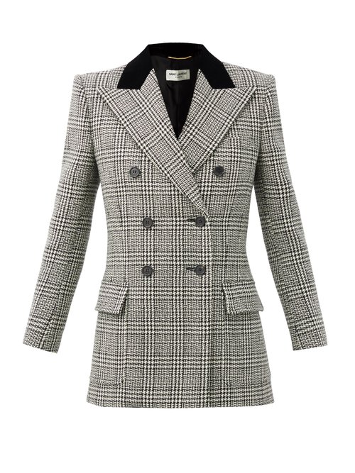 Saint Laurent - Double-breasted Prince Of Wales-check Wool Blazer Grey White