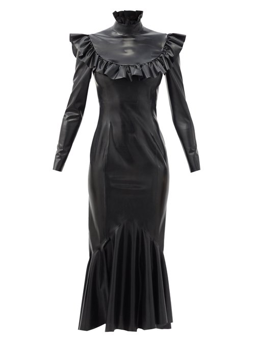 Saint Laurent – Ruffled-collar Fluted-hem Latex Midi Dress Black
