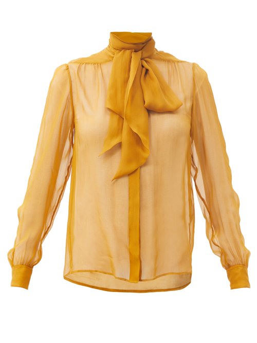 Saint Laurent - Pussy-bow Silk-chiffon Blouse Yellow
