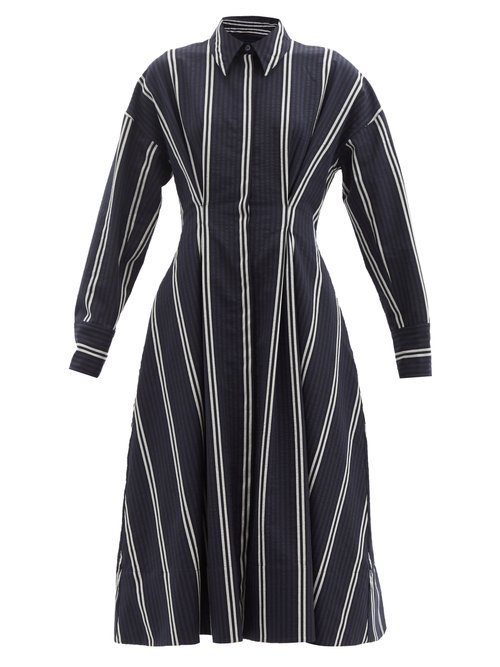 Ssone - Balance Striped Wool-blend Shirt Dress Navy Stripe