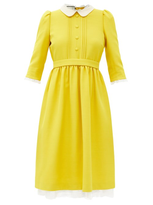 Buy Gucci - Lace-trimmed Silk-blend Crepe Dress Yellow online - shop best Gucci clothing sales