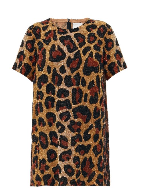 Ashish – Leopard Sequinned Georgette Mini Dress Leopard