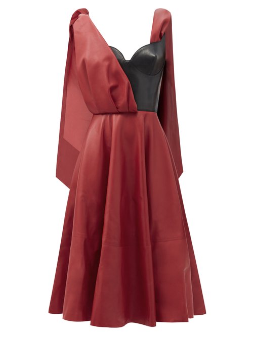Buy Alexander Mcqueen - Draped-overlay Bustier Leather Dress Red online - shop best Alexander McQueen clothing sales