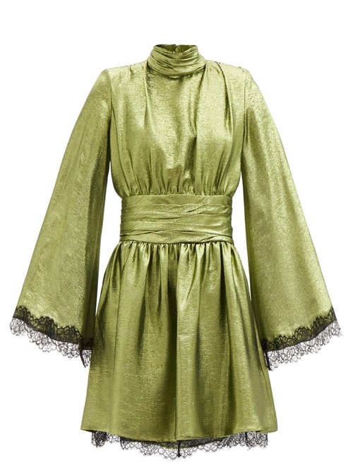 Dundas - Wide-sleeve Lace-trimmed Silk-blend Lamé Dress Green