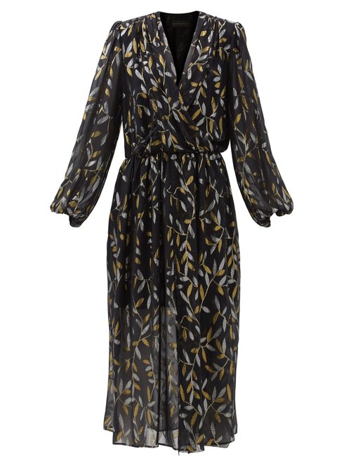 Dundas - Metallic Leaf-embroidered Silk-blend Chiffon Dress Black Gold