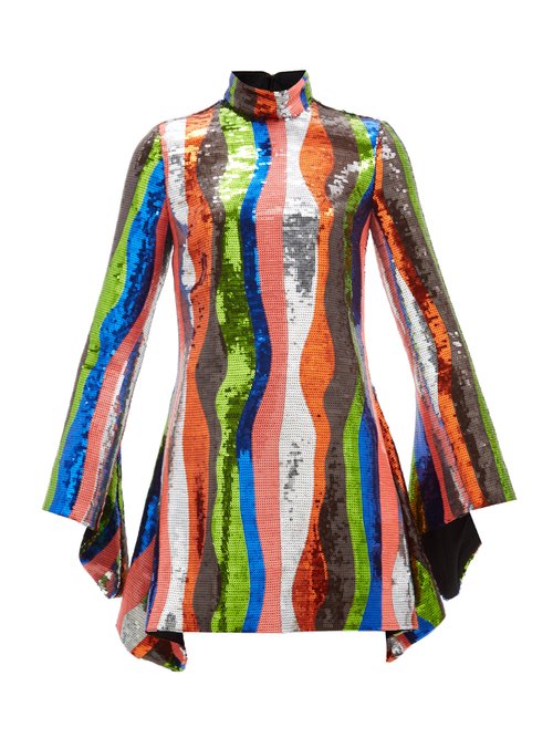 Halpern - Wave-stripe Flared-sleeve Sequinned Mini Dress Multi