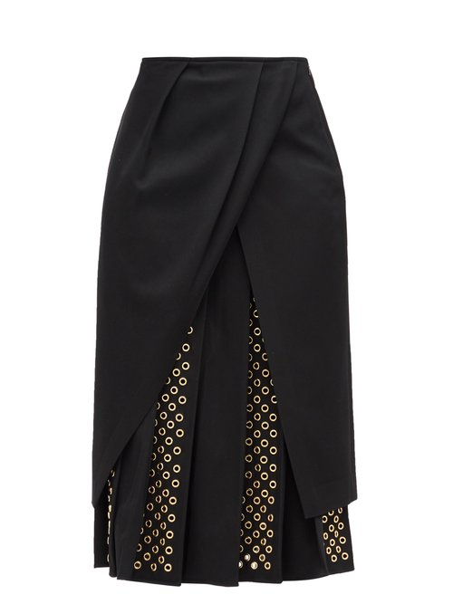 Duncan George Pleated Eyelet-panel Twill Midi Skirt In Black