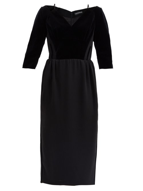 Buy Vika Gazinskaya - Cropped-sleeve Velvet Midi Dress Black online - shop best Vika Gazinskaya clothing sales