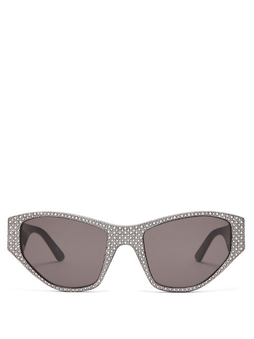 Balenciaga - Crystal-embellished Angular Sunglasses - Womens - Black White