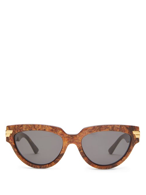 Bottega Veneta - Cat-eye Marbled-acetate Sunglasses - Womens - Brown
