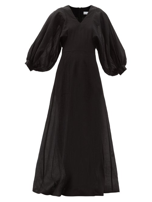 Raey - Balloon-sleeve Crinkled Cotton-blend Maxi Dress Black