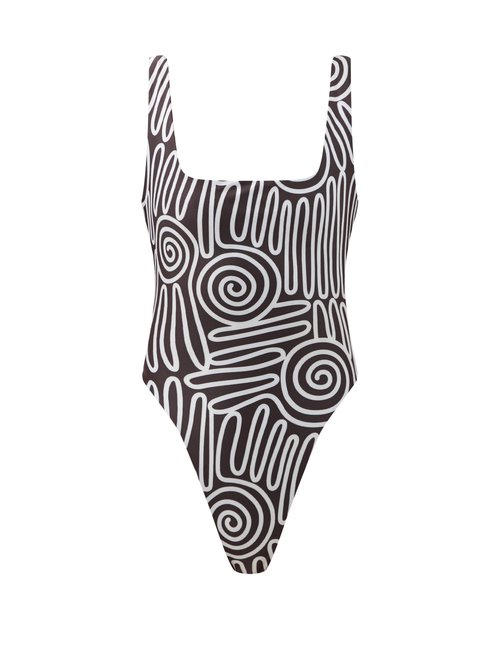 Buy Mara Hoffman - Idalia Voluta-print High-cut Leg Swimsuit Black White online - shop best Mara Hoffman swimwear sales