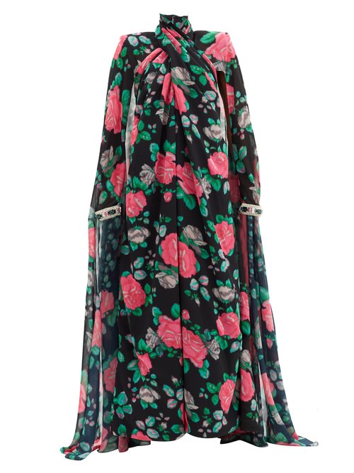 Richard Quinn – Rose Cape-sleeve Floral-print Chiffon Gown Black Multi