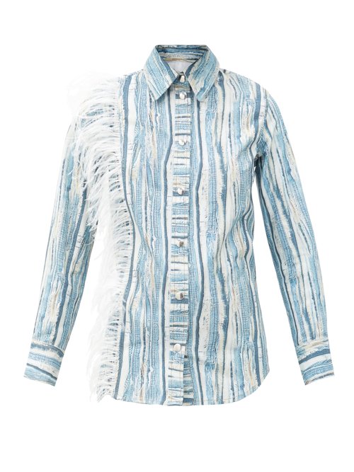 Thebe Magugu - Feather-trimmed Shredded Denim-print Cotton Shirt Blue Stripe