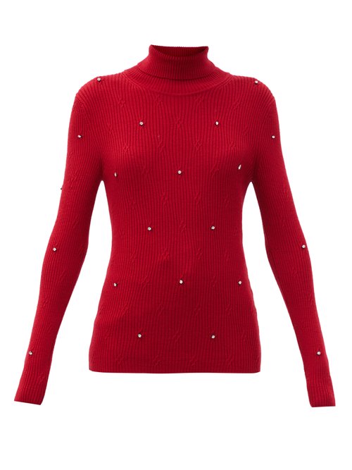 Christopher Kane – Crystal-embellished Ribbed Merino-wool Sweater Red