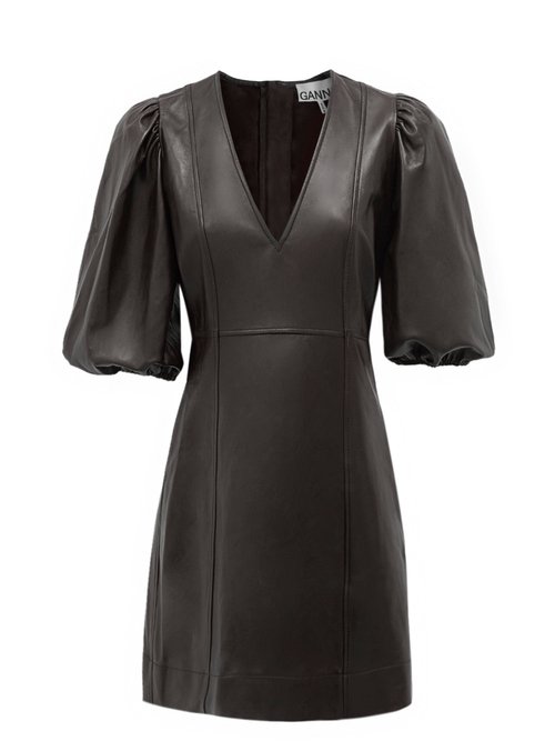 Ganni - Balloon-sleeve Leather Mini Dress Black
