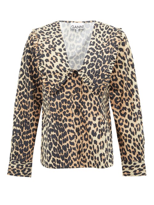 Ganni - Ruffled-collar Leopard-print Cotton-poplin Blouse Leopard